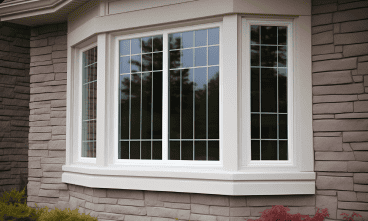 Modern bay window on stone house exterior.