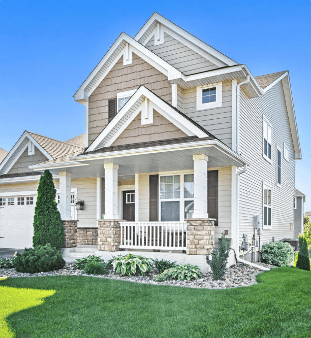 Modern suburban house with front porch and garden