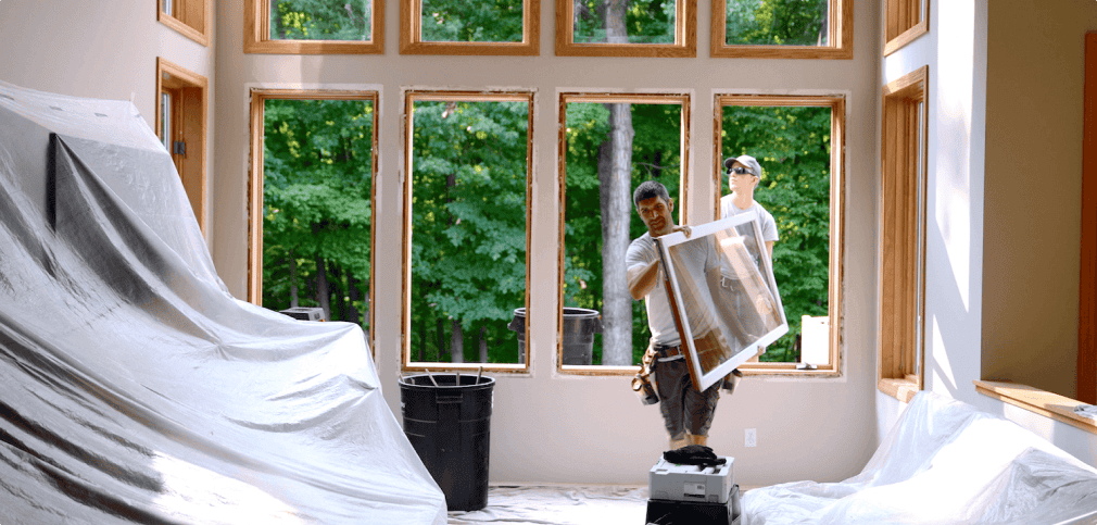 Workers installing large windows in home renovation