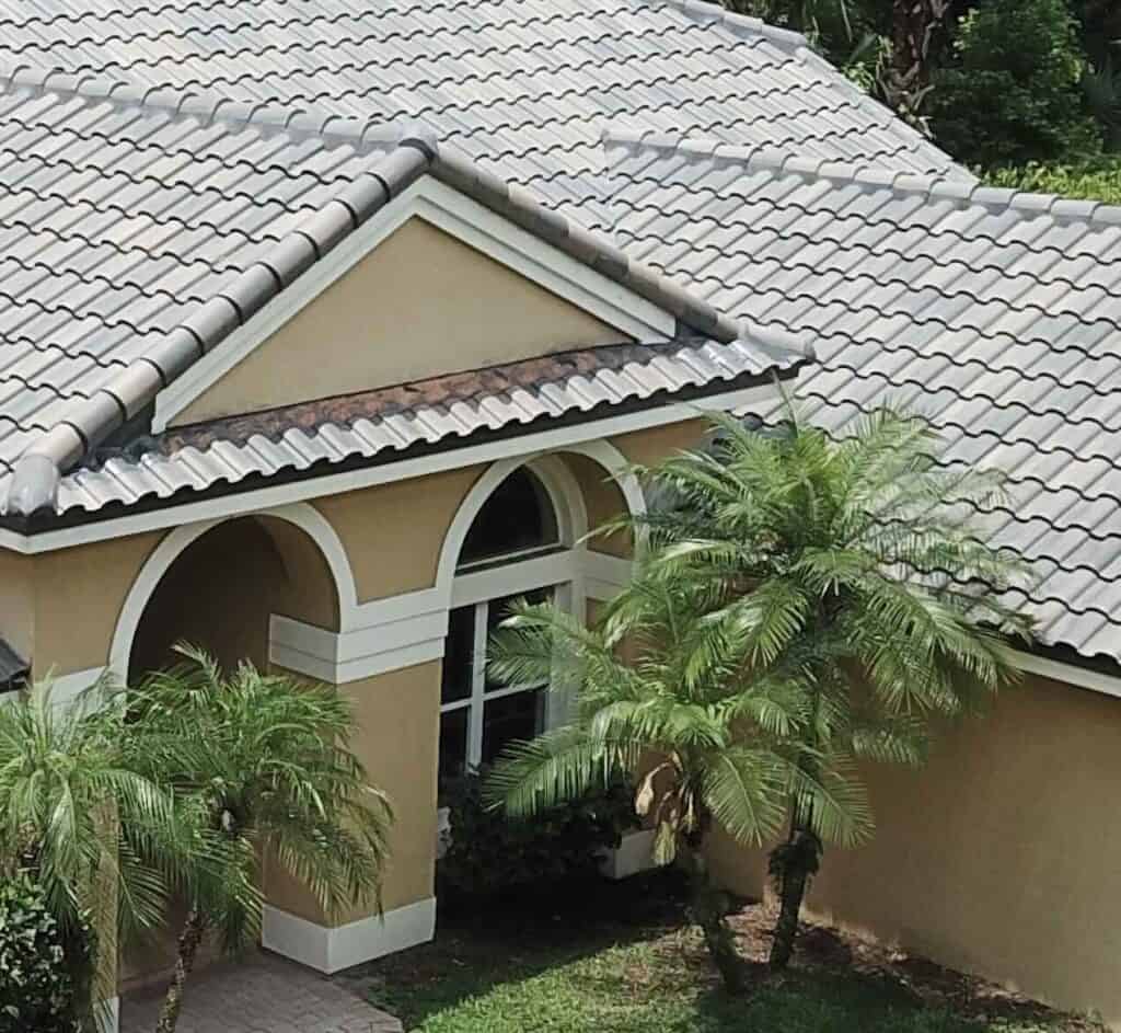 House with tile roof and palm trees.