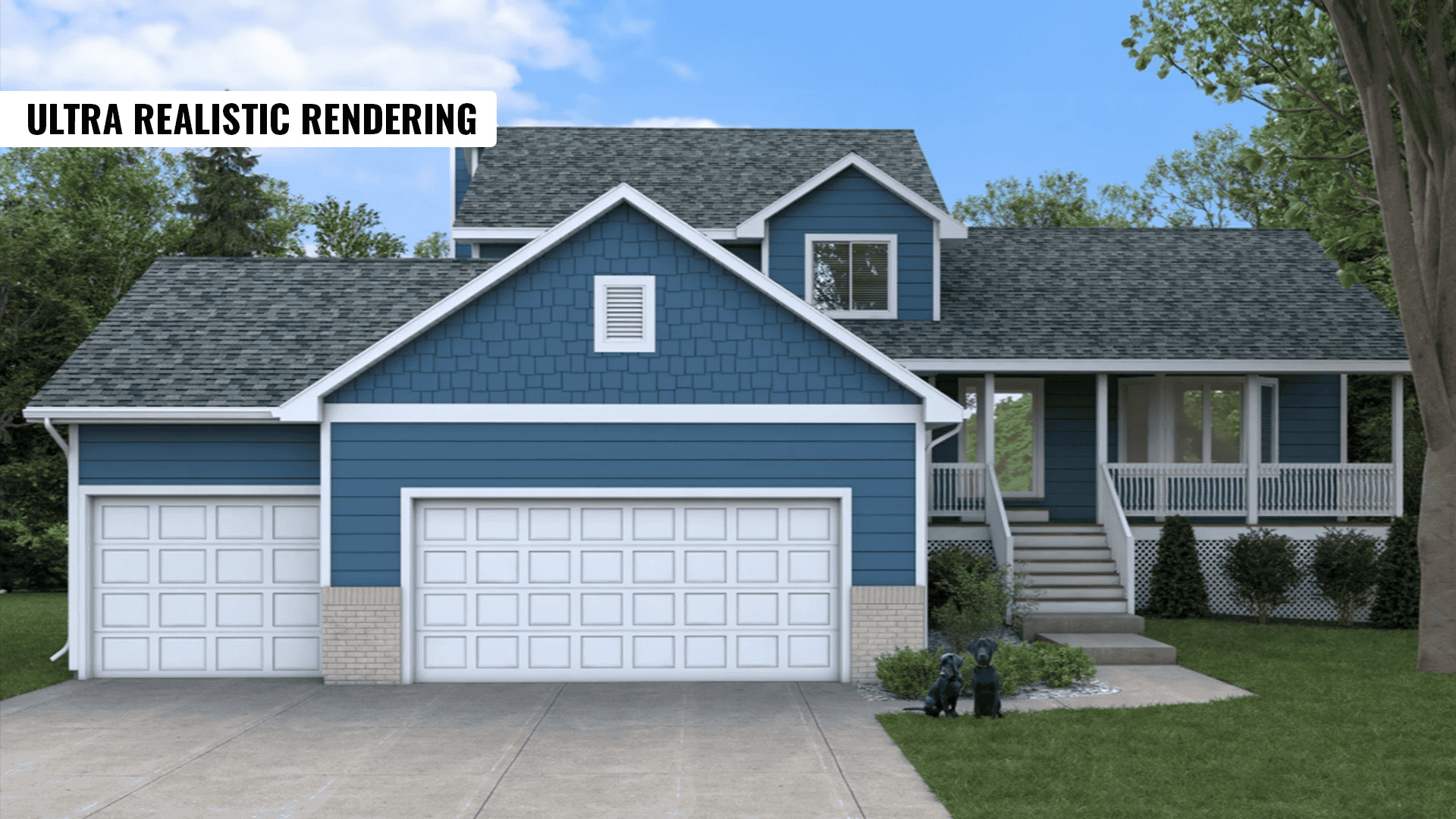 3D rendering of blue suburban house with garage.