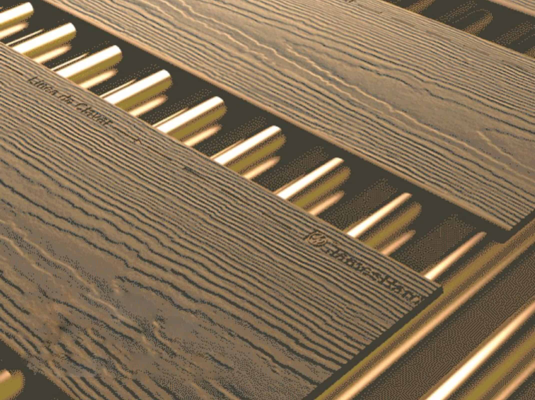 Close-up of wooden deck planks over beams.