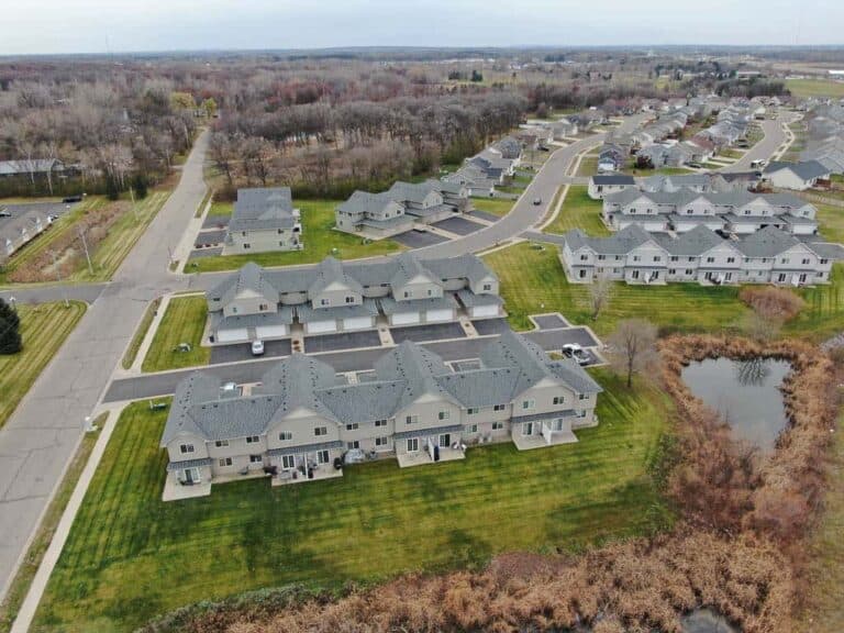 Aerial view of suburban neighborhood layout.