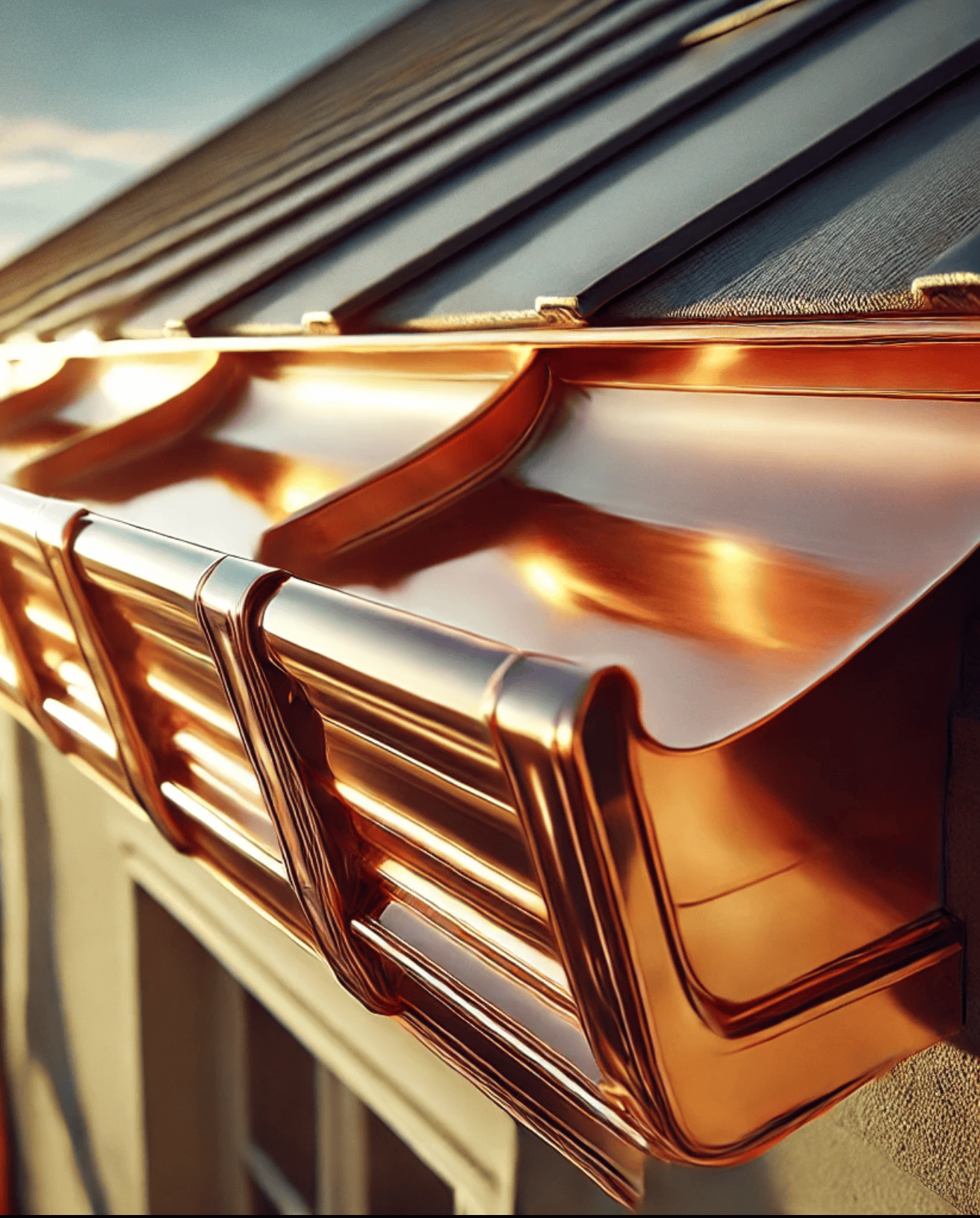 Shiny copper gutter on modern building roof