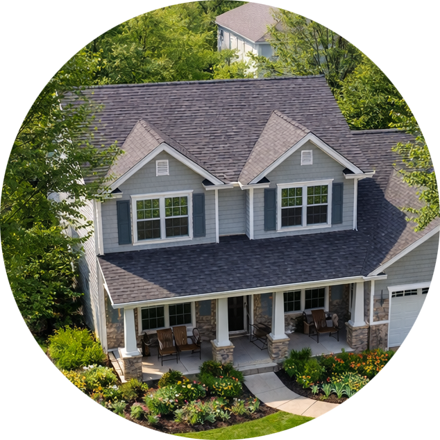 Two-story suburban home with porch and garden
