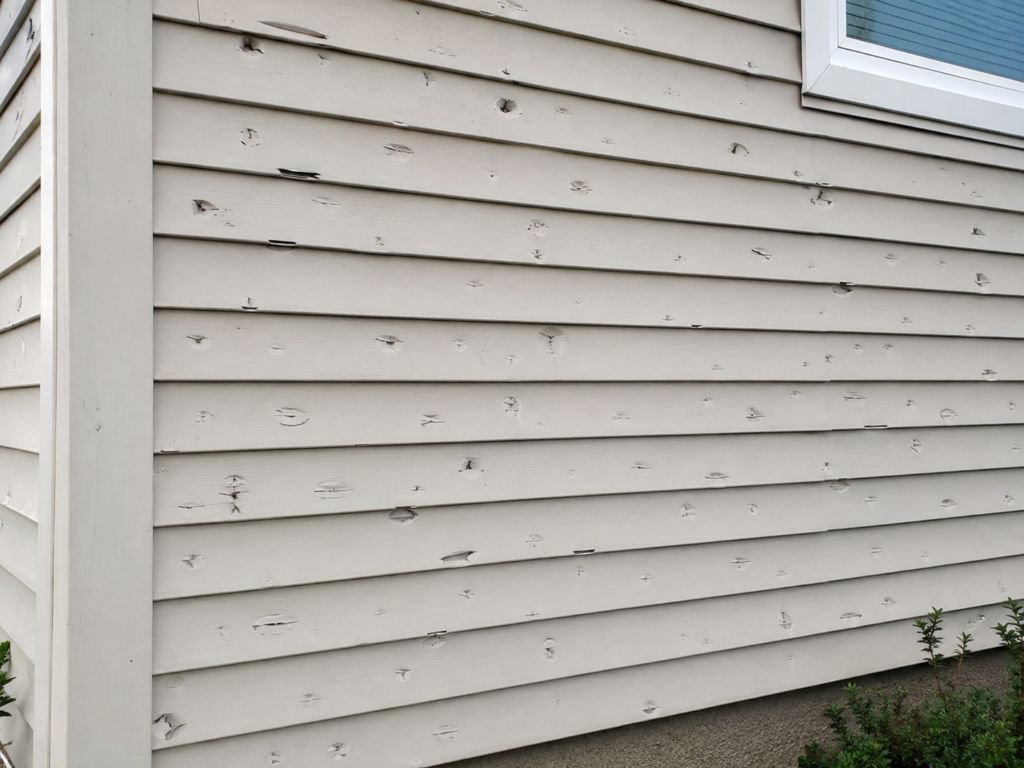 Vinyl siding with extensive hail damage dents
