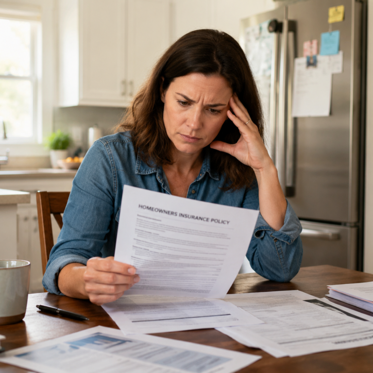 Woman reviewing homeowners insurance policy at kitchen table