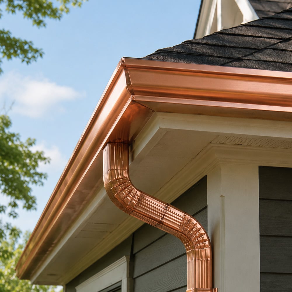 Copper gutter and downspout on house corner