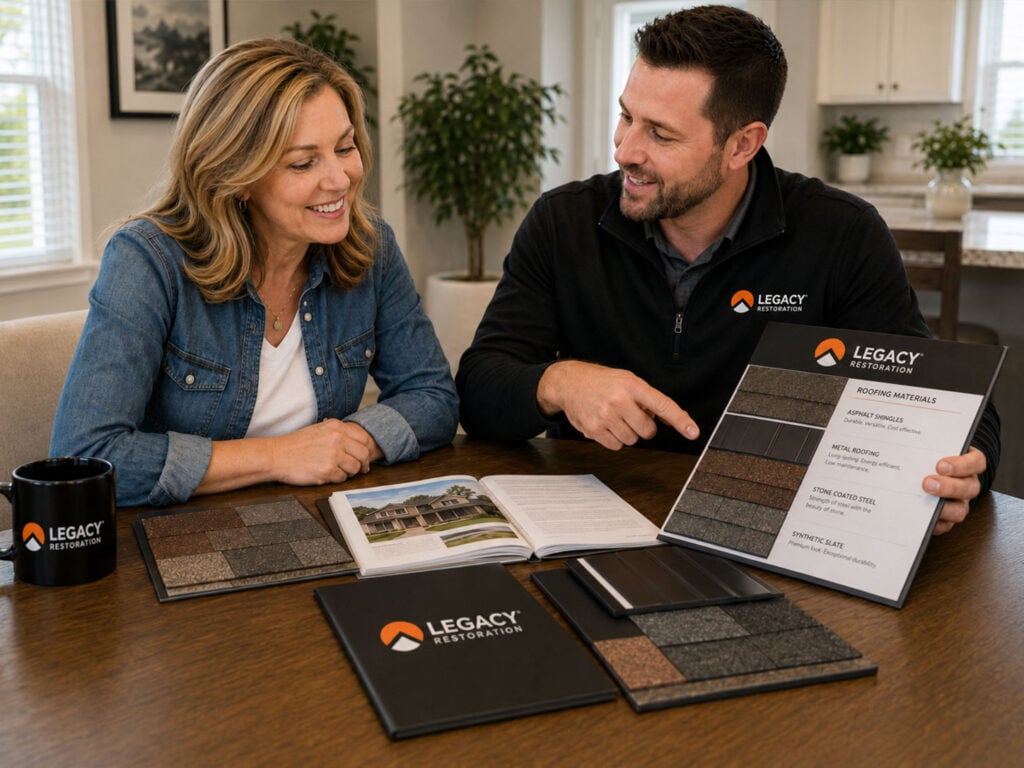 Homeowner reviewing roofing samples with contractor