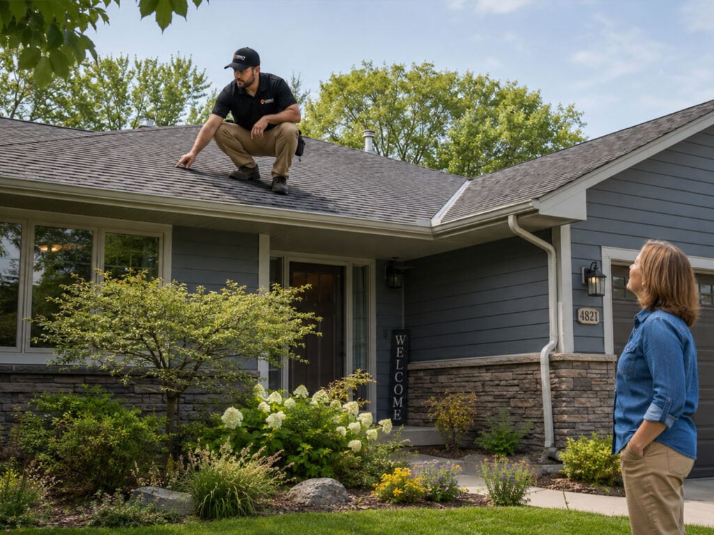 Home inspector examining roof while homeowner watches