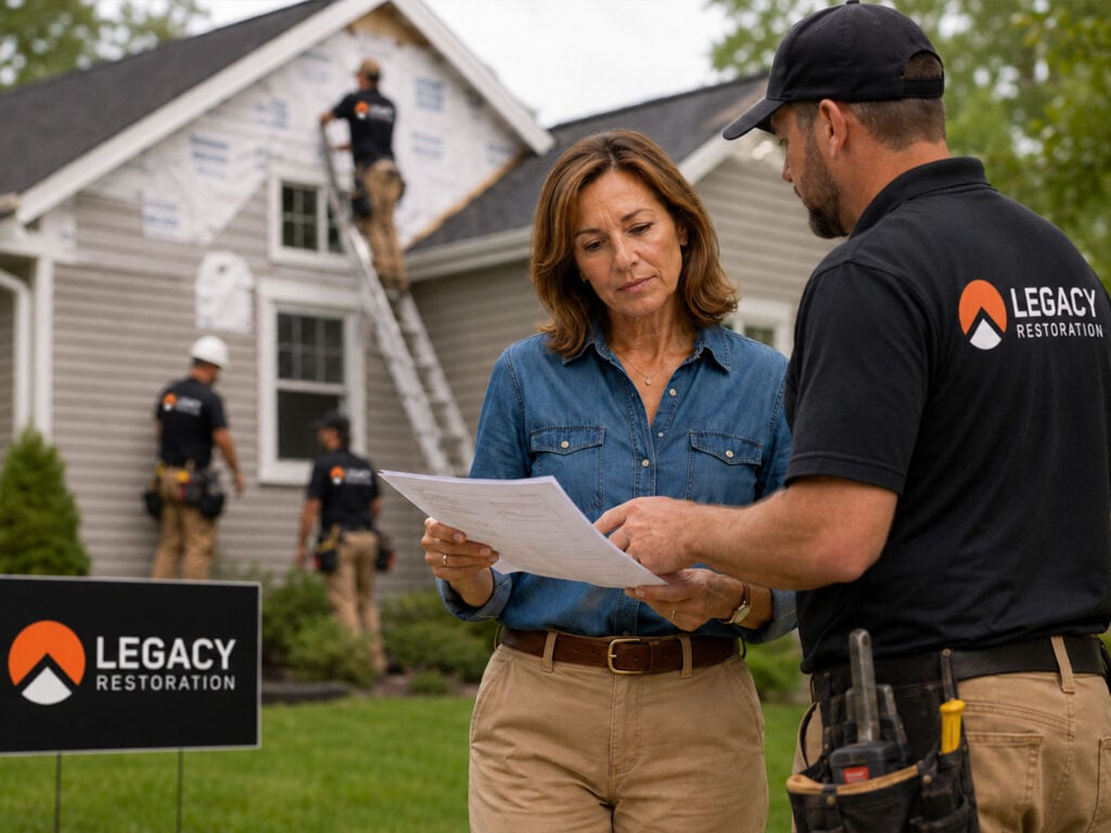 Homeowner reviewing contract with roofing contractor outside house