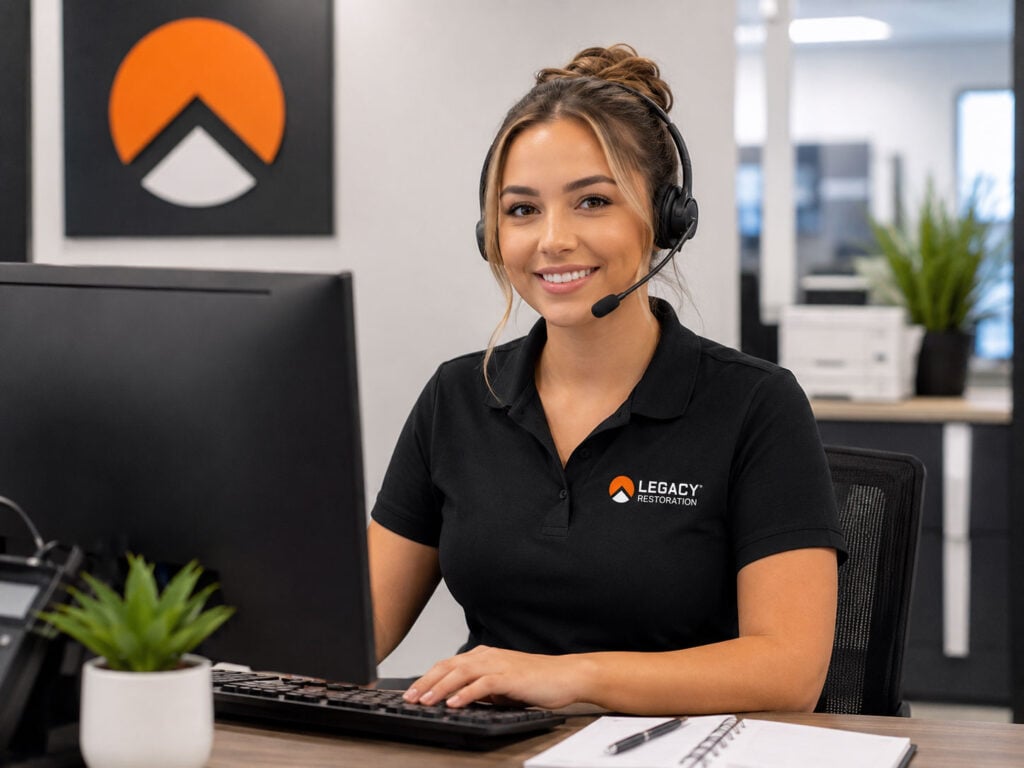 Customer service representative wearing headset at office desk