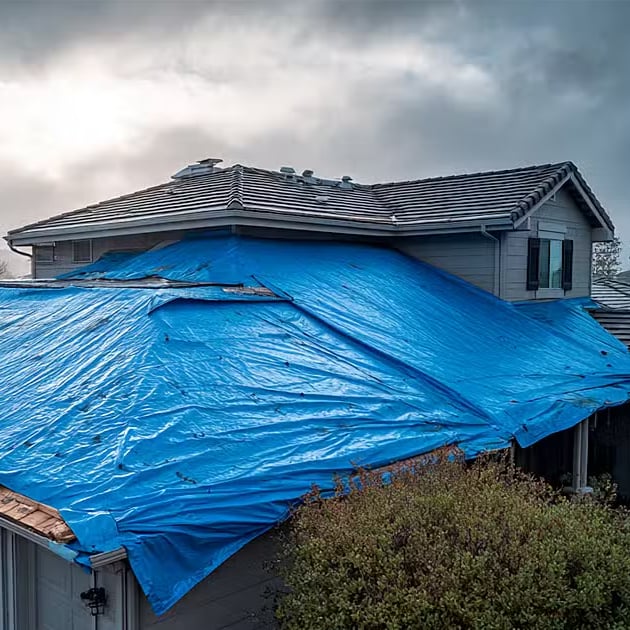 House roof covered with blue tarp after storm