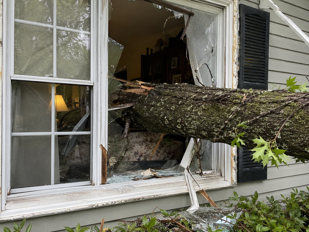 Large tree trunk crashed through house window