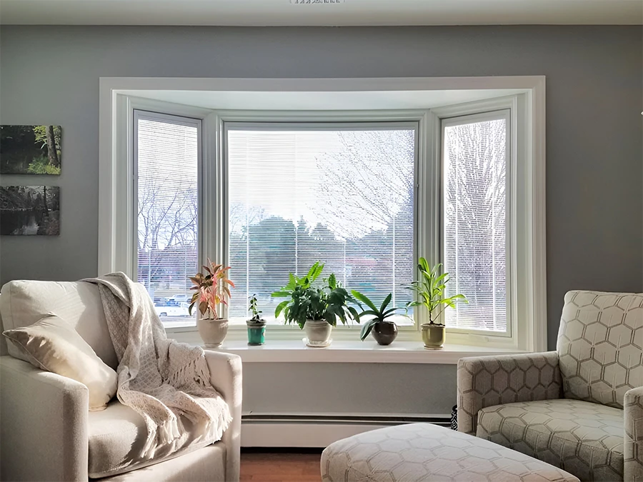 Sunlit bay window with houseplants and cozy armchairs