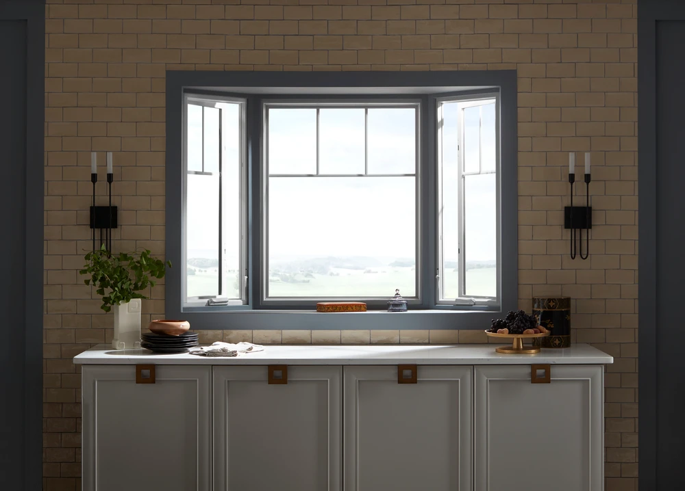 Kitchen window above white cabinets and tiled backsplash
