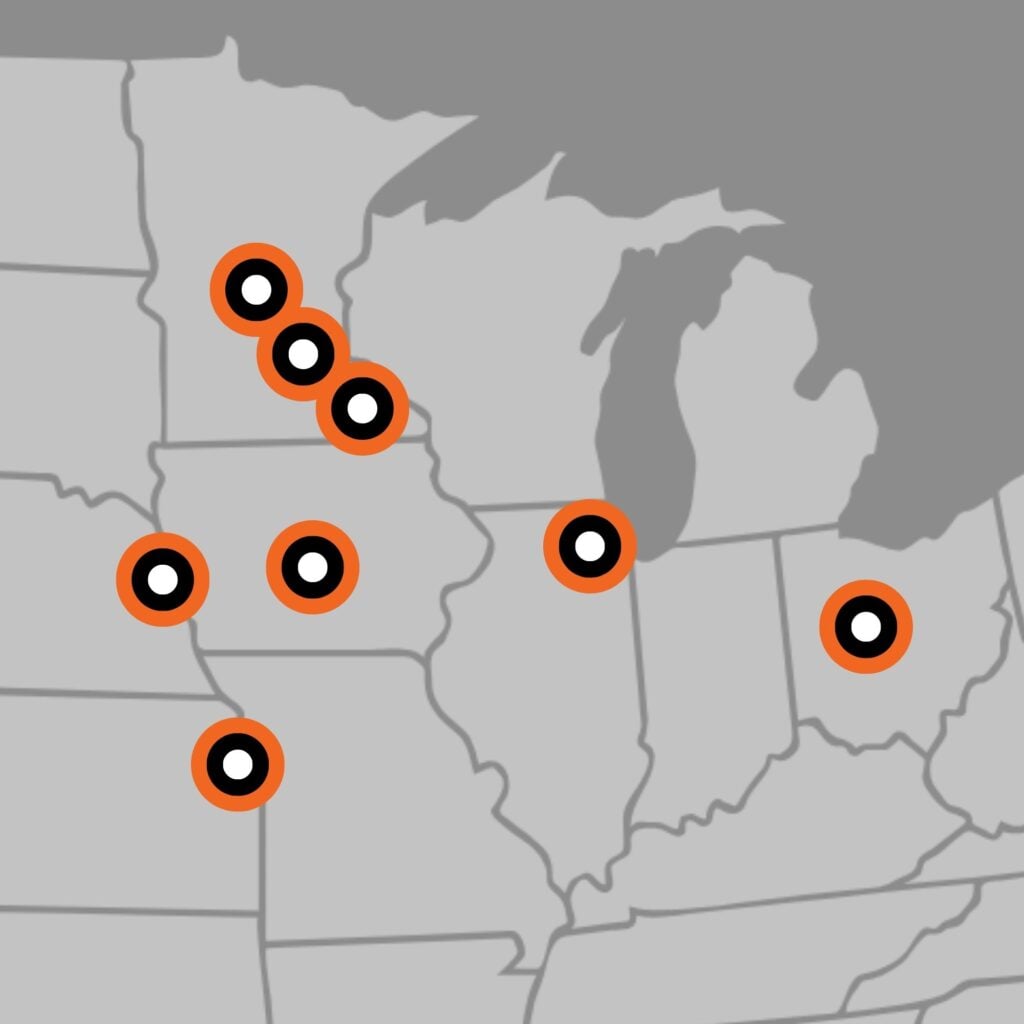 Map of Midwest United States with orange location pins